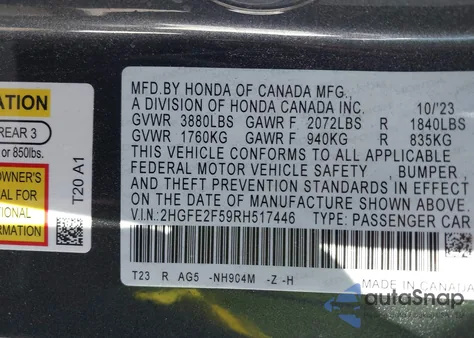 2024 Honda Civic Sport from USA, damaged, VIN 2HGFE2F59RH517446